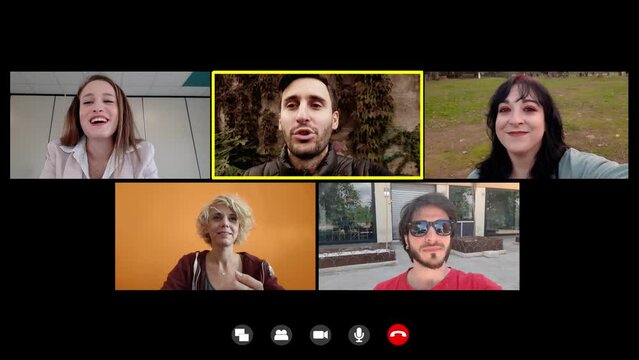 Splitscreen video meeting between five friends who listen to one of them talking