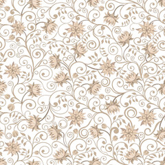 Damask style hand drawn swirl pattern, flowers, white background. Seamless pattern, vector.