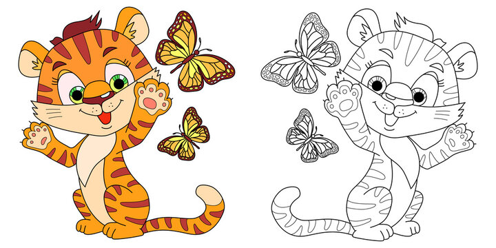 Children's coloring book tiger cub with butterfly