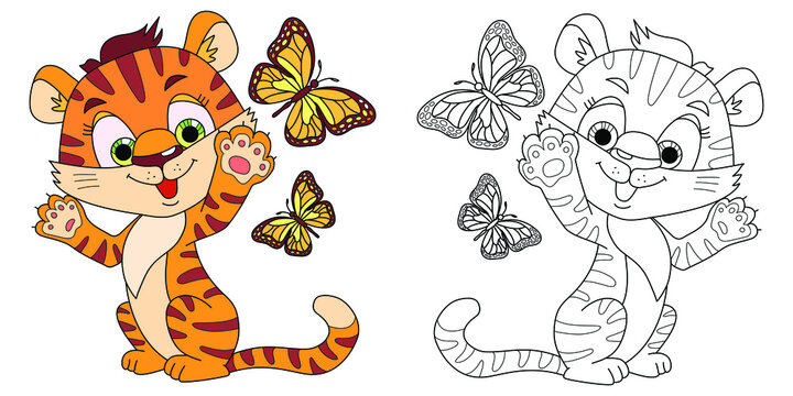 coloring book tiger cub with butterfly