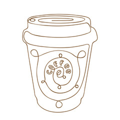 Paper Cup of coffee. Coffee drink in line drawing. Coffee to go concept, for fast food cafe design. Vector