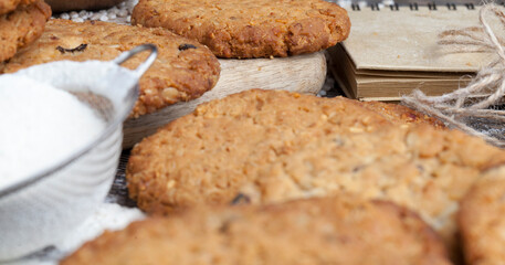 wheat-oatmeal cookies with peanuts, closeup