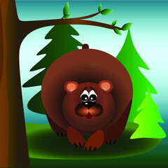 Brown bear in the forest under the tree children's illustration