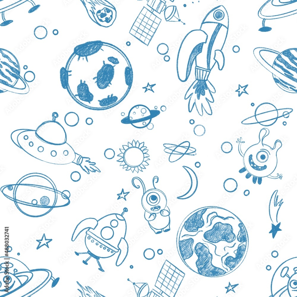 Sticker hand drawn earth. seamless children's pattern with space elements. doodle sketch of space elements. 