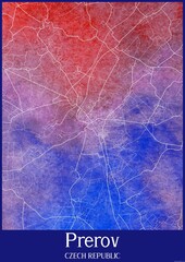 Watercolor map of Prerov Czech Republic.