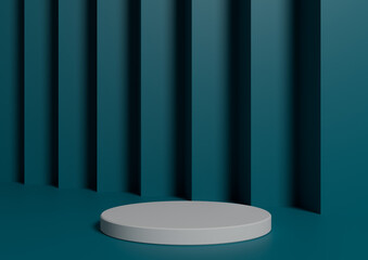 Simple, Minimal 3D Render Composition with One White Cylinder Podium or Stand on Abstract Teal Background for Product Display