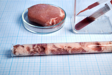 In vitro meat imitation for vegans - photo on graph paper. Lab-grown meat in a Petri dish and glass...