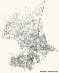 Detailed navigation black lines urban street roads map of the Dutch regional capital city of ARNHEM, NETHERLANDS on vintage beige background