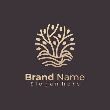 Water line plant logo design, Elegant tree in water Gold color logo design vector