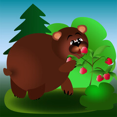Brown bear in the forest eating raspberries children's illustration