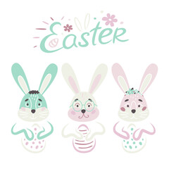 Easter bunny. Set of funny rabbit. Cute animals. Happy Easter
