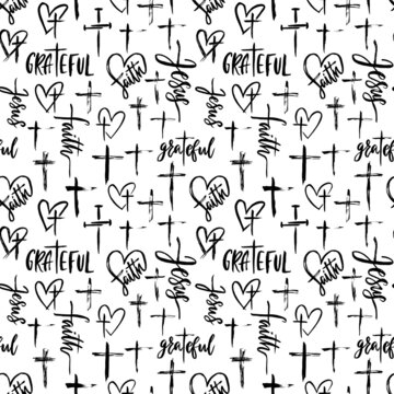 Christian seamless pattern with grunge elements: cross, heart, text.