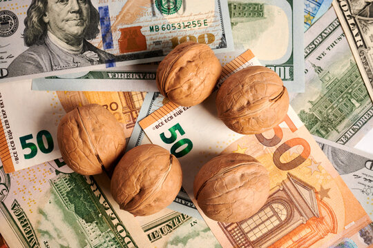 Greek nuts - photo on cash bills. Greek nuts are laying on Euro and dollar bills. Real money under fat vegetarian nutrition. Commercial result of harvest in agriculture. Real gain. Paper fiat money.