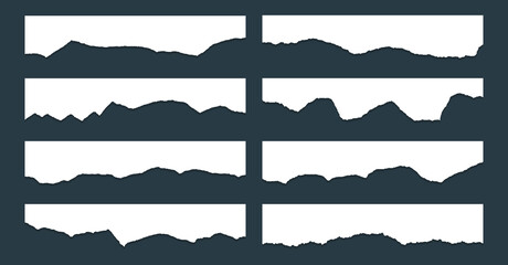 Ragged paper edge borders vector collection. White tattered fragments set. Cardboard or paper ripped edges with shadows 3D design. Rrough teared sheet strip elements. Blank text note fragments.