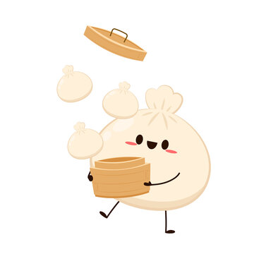 recommend clip art: Cute Dim sum character, traditional Chinese dumplings, with funny smiling faces. Kawaii Asian food vector. wood basket.