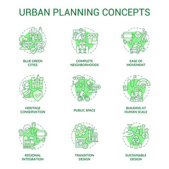 Urban planning green concept icons set. City environment. Town development process idea thin line color illustrations. Isolated symbols. Editable stroke. Roboto-Medium, Myriad Pro-Bold fonts used