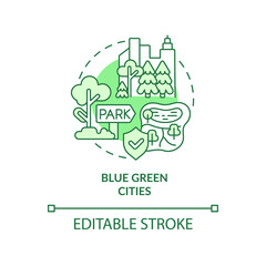 Blue green cities green concept icon. Park and recreation area. Urban design abstract idea thin line illustration. Isolated outline drawing. Editable stroke. Arial, Myriad Pro-Bold fonts used