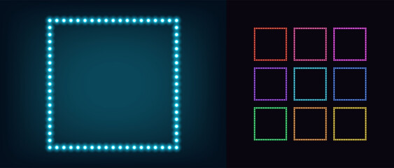 Neon square frame with lamps. Glowing neon box, border set with bulbs