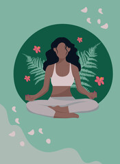 yoga and meditation girl with dark skin in the lotus position on green background with plants