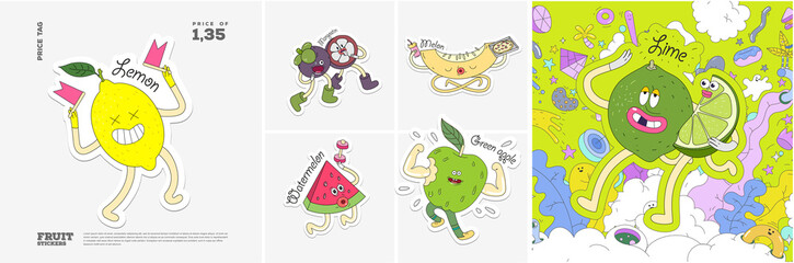 Lemon, Mangosteen, Melon, Watermelon, Green apple, Lime. Fruit. Set of vector stickers. Funny characters in doodle style. Hand-drawn cartoon icons with stroke.