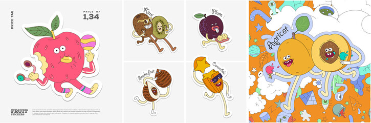 Fruit. Apple, Kiwi, Plum, Snake fruit, Carambola, Apricot. Set of vector stickers. Funny characters in doodle style. Hand-drawn cartoon icons with stroke.