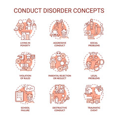 Conduct disorder red concept icons set. Mental health issue. Diagnose and treatment idea thin line color illustrations. Isolated symbols. Editable stroke. Roboto-Medium, Myriad Pro-Bold fonts used