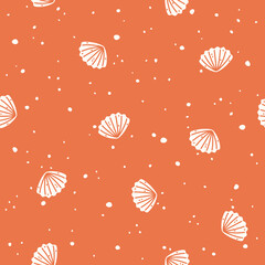 White seashells on a red background. Vector Seamless pattern