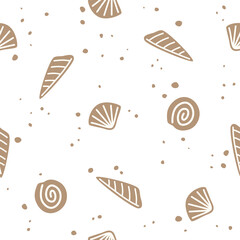 Beige sea shells on a white background. Vector Seamless pattern