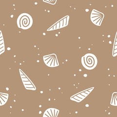 White sea shells on a beige background. Vector Seamless pattern