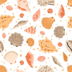 Seamless pattern with multicolored seashells. Vector flat illustration