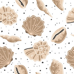 Seamless pattern with brown seashells. Vector flat illustration