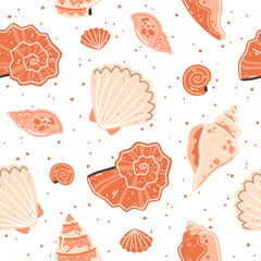 Seamless pattern with pink seashells. Vector flat illustration
