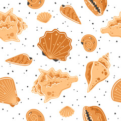 Seamless pattern with yellow seashells. Vector flat illustration