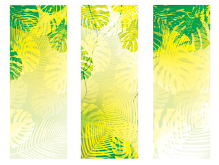 Vector green, tropical leaves backgrounds. Exotic leaves summer banners.