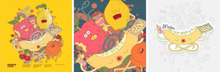 Cherry, peach, melon, quince. Fruit Mix.  Set of vector illustrations. Doodle style. Painted, colorful fruit with outlining. Sticker, poster , background image for label.