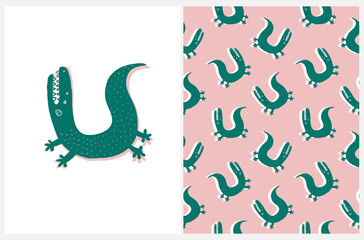 Simple Vector Illustration and Seamless Pattern with Green Wild Alligator on a White and Pink Background. Simple Safari Party Print with Angry Crocodile ideal for Card, Poster, Wall Art, Fabric.