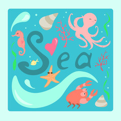 Set of sea animals illustration vector. Underwater world 