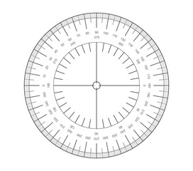 Circular Protractor grid for measuring degrees. Measuring round scale. Circular meter division from 0 to 360 degree.