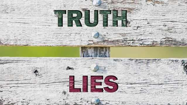 opposite signs on wooden signpost with the text quote truth lies engraved. Web banner format.