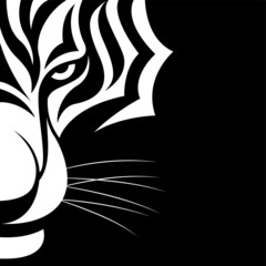 vector stylized drawing of half head of tiger isolated on black background. contrasting stripes. save tigers from extinction. useful for tattoo, poster, zoos, safari, nature reserves, t-shirt printing