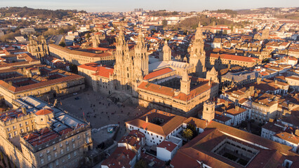 Aerial view of the cathedral of Santiago de Compostela, end of the Camino de Santiago - obrazy, fototapety, plakaty