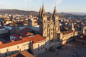 Aerial view of the cathedral of Santiago de Compostela, end of the Camino de Santiago - obrazy, fototapety, plakaty