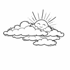 Sun and Cloud drawing in engraving outline style. Vector illustration isolated on white