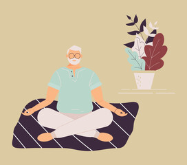 Elderly funny man in yoga lotus position doing meditation, mindfulness practice,spiritual discipline at home or gym.Cute old male sitting on mat and meditating. Raster illustration