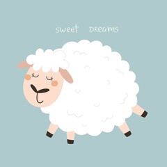 sweet dreams. Cartoon sheep, cloud, hand drawing lettering. Colorful flat vector illustration. baby design for cards, print