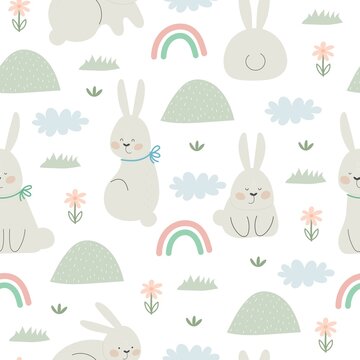 Seamless pattern with bunny, rainbow. Colorful vector flat for kids. hand drawing. baby design for fabric, print, wrapper, textile