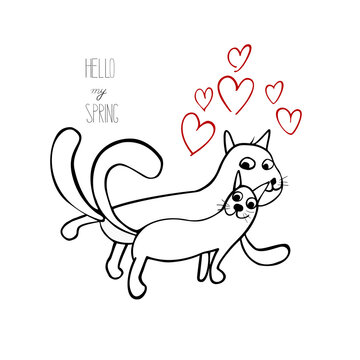 Сats.  Funny cats in love. Spring cats. hello my spring. Love.  vector line illustrations. Bright greeting card with cats in love

