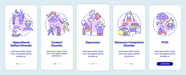 Fototapeta premium Common mental disorders in children onboarding mobile app screen. Walkthrough 5 steps graphic instructions pages with linear concepts. UI, UX, GUI template. Myriad Pro-Bold, Regular fonts used