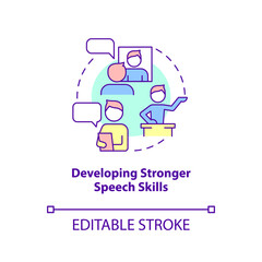 Developing stronger speech skills concept icon. Successful child development sign abstract idea thin line illustration. Isolated outline drawing. Editable stroke. Arial, Myriad Pro-Bold fonts used