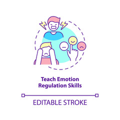 Teaching emotion regulation skills concept icon. Raising mentally strong child abstract idea thin line illustration. Isolated outline drawing. Editable stroke. Arial, Myriad Pro-Bold fonts used